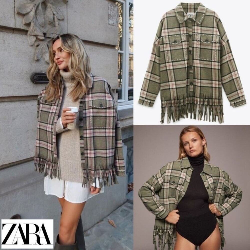 Zara Sz S Plaid Check Fringe Oversized Studded Wool Shacket Western Cowgirl